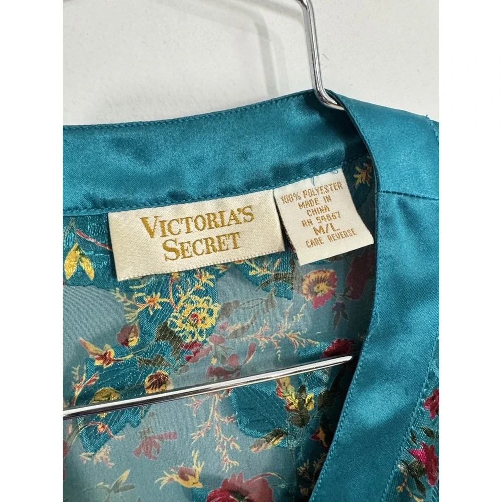 VTG Victoria's Secret Sexy Sheer Turquoise Floral Satin Button Up Nightgown M/L - Picture 4 of 8